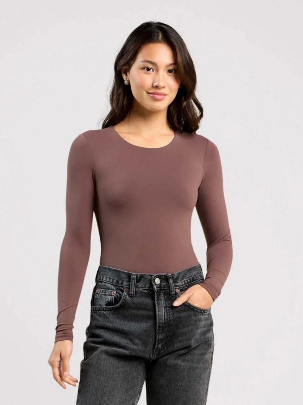 nuuds Long Sleeve Crewneck Bodysuit | Size Large | Coffee